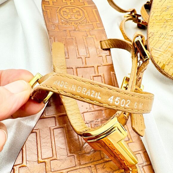 Tory Burch Pauline Tan Leather Demi Wedge Slingback Thong Size 6 M Sandals - Picture 15 of 15